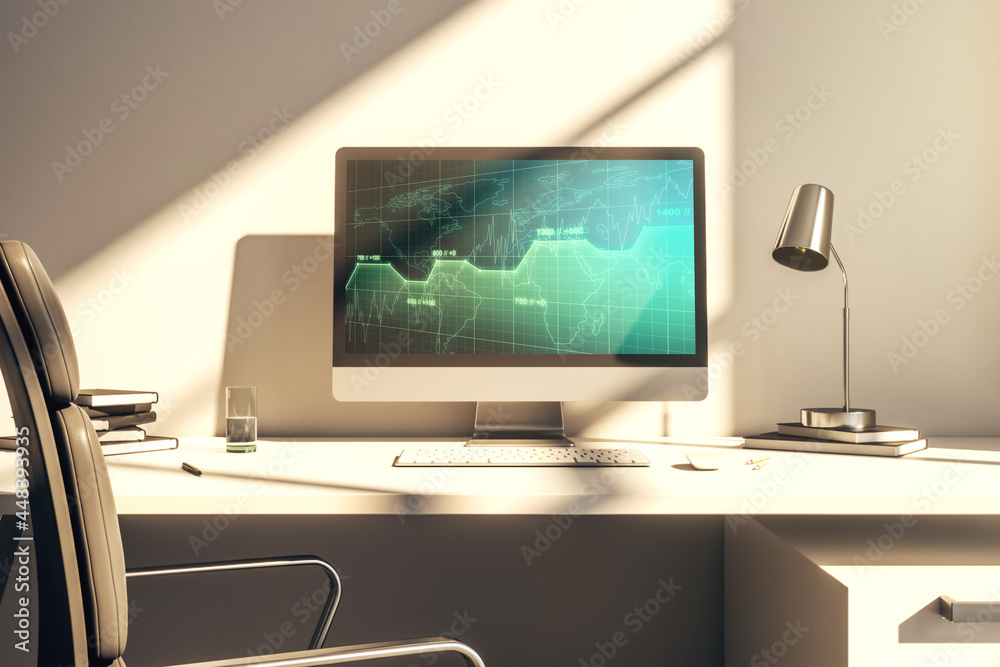 Computer monitor with abstract creative analytics data spreadsheet, analytics and analysis concept. 3D Rendering Computer monitor with abstract creative analytics data spreadsheet, analytics and analysis concept. 3D Rendering
