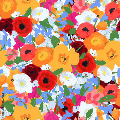 Seamless pattern with bright flowers drawn by paint