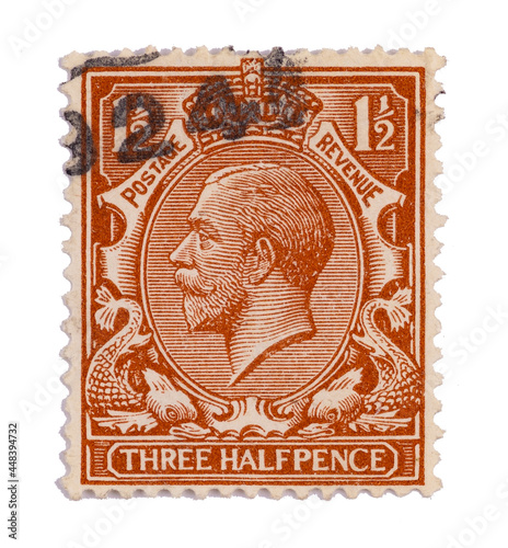Old Stamp, King George V UK three halfpence, 1912