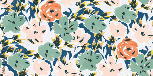 Simple seamless pattern of hand drawn gouache flowers, abstract colorful background.