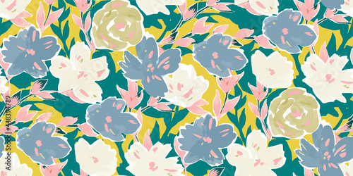 Simple seamless pattern of hand drawn gouache flowers, abstract colorful background.
