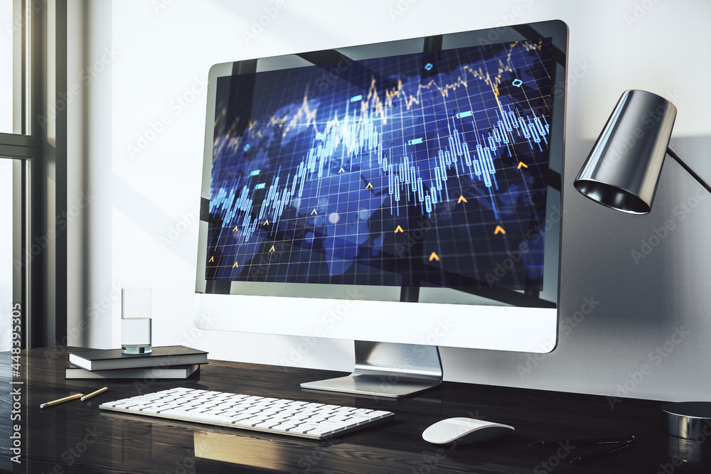 Abstract financial diagram with world map on modern laptop screen, banking and accounting concept. 3D Rendering Abstract financial diagram with world map on modern laptop screen, banking and accounting concept. 3D Rendering