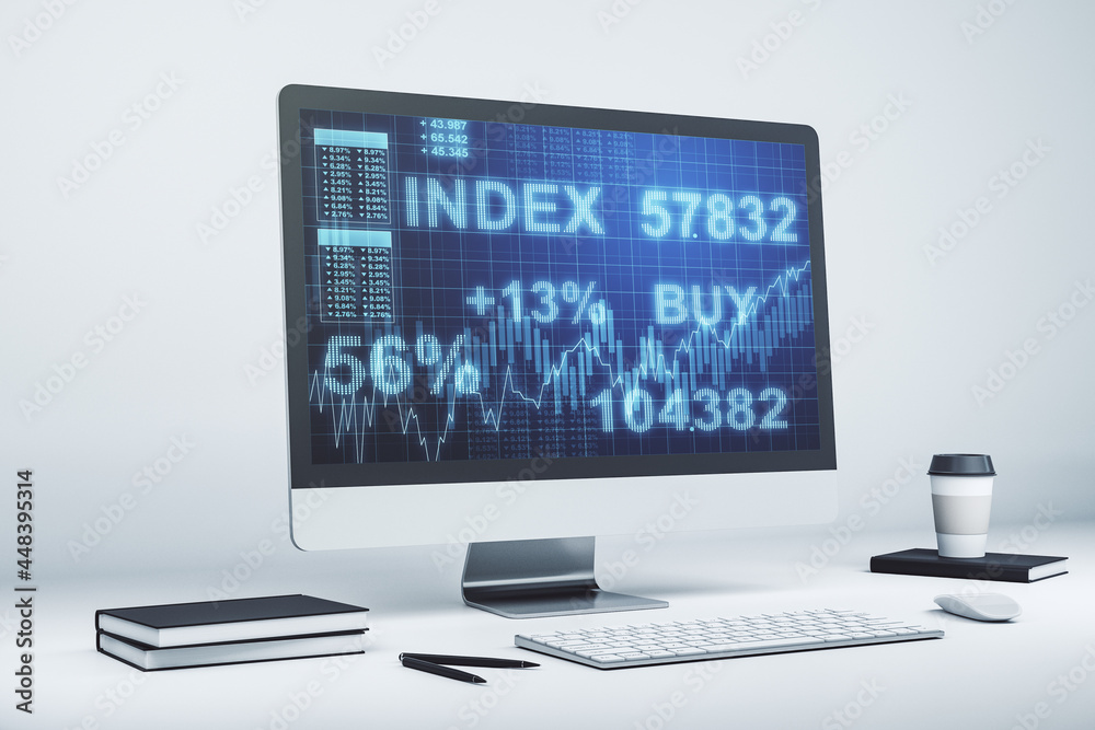 Computer monitor with abstract financial graph, finance and trading concept. 3D Rendering Computer monitor with abstract financial graph, finance and trading concept. 3D Rendering