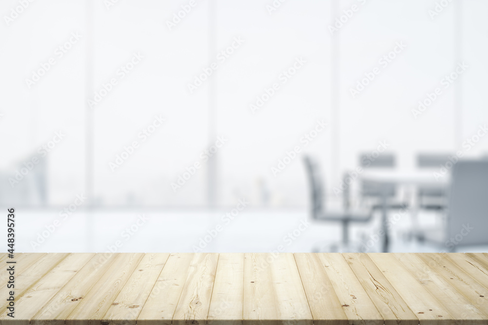 Empty office wooden desktop with empty space on modern boardroom with large window background, closeup, mock up Empty office wooden desktop with empty space on modern boardroom with large window background, closeup, mock up