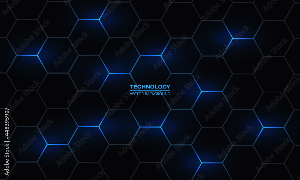 Dark hexagonal abstract vector technology background. Blue bright ...