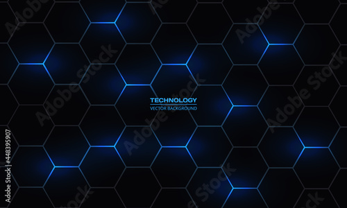 Dark hexagonal abstract vector technology background. Blue bright energy flashes under hexagon in modern technology futuristic background vector illustration. Dark honeycomb texture grid.