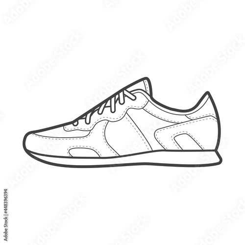 Sneakers. Shoes sneaker outline drawing vector, Sneakers drawn in a sketch style, black line sneaker trainers template outline, vector Illustration.