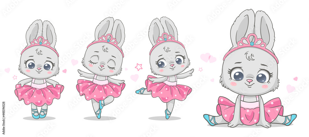 Vector illustration of a cute baby  bunny ballerina in pink tutu with crown.