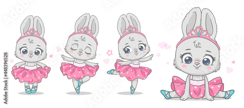 Fotografie, Tablou Vector illustration of a cute baby  bunny ballerina in pink tutu with crown