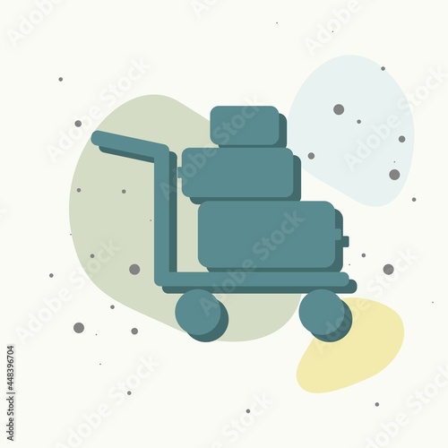 Vector icon shows the presence of porters. Trolley with things, suitcases on multicolored background.