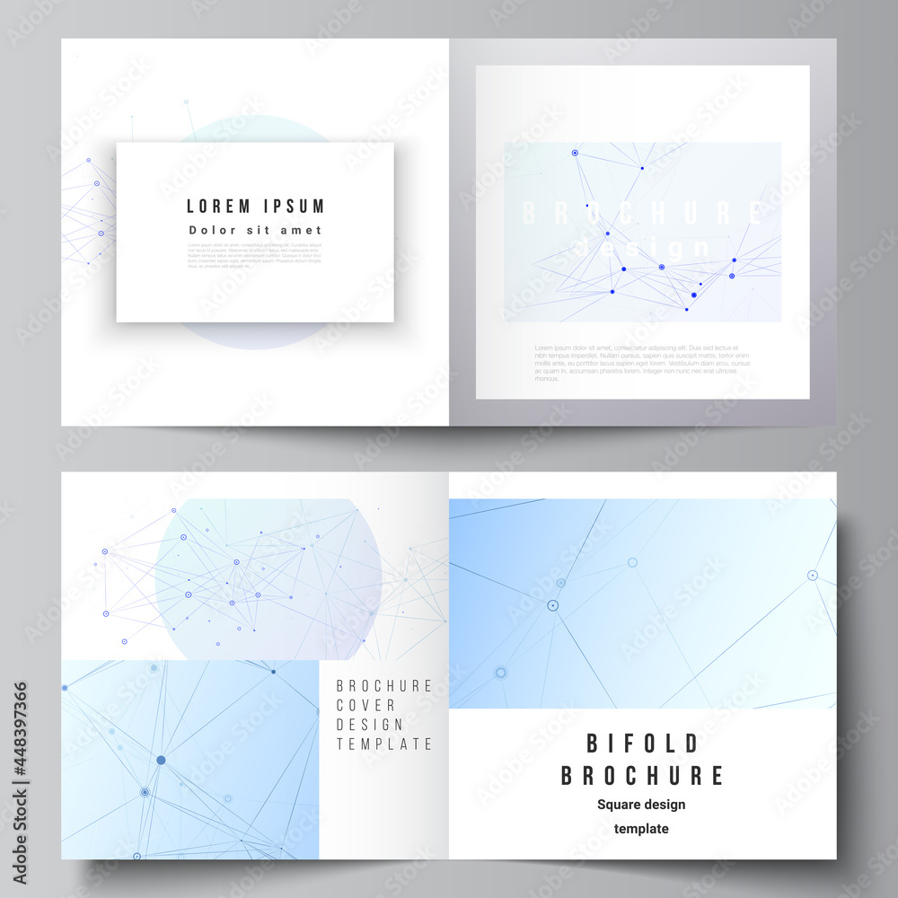 Vector layout of two covers templates for square bifold brochure, flyer, magazine, cover design, book design, brochure cover. Blue medical background with connecting lines and dots, plexus. Vector layout of two covers templates for square bifold brochure, flyer, magazine, cover design, book design, brochure cover. Blue medical background with connecting lines and dots, plexus.