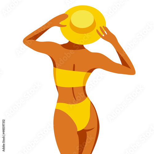 vector illustration on the theme of summer holidays. beautiful tanned girl in yellow bikini sunbathes turning her back on the beach isolated on white background. useful for advertising summer vacation