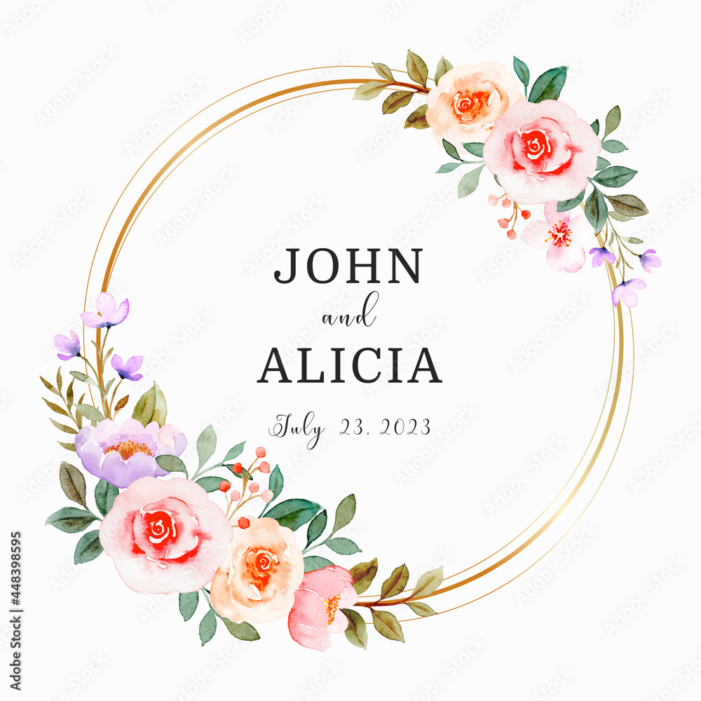 Watercolor rose flower wreath with golden circle