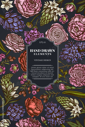 Card design on dark background with peony, carnation, ranunculus, wax flower, ornithogalum, hyacinth