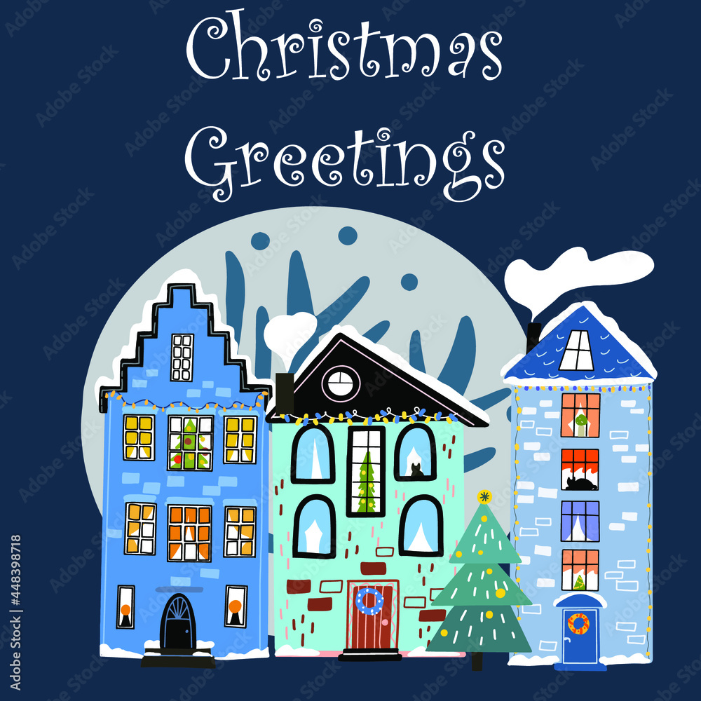 Illustration with hand drawing with snow covered three houses, a Christmas tree, a snowy tree, the inscription seasons greetings