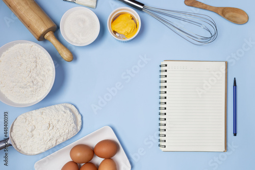 food ingredients on a blue background