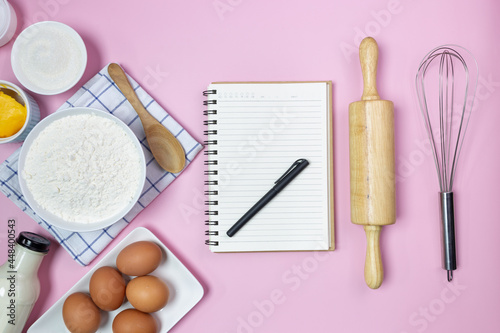 food ingredients recipe on pink background