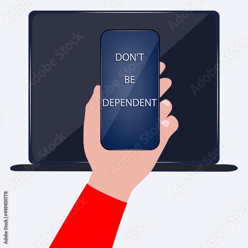 Smartphone in hand, on computer background - vector. Don't depend. At night, late in the evening. Internet addiction. Doom scroll.