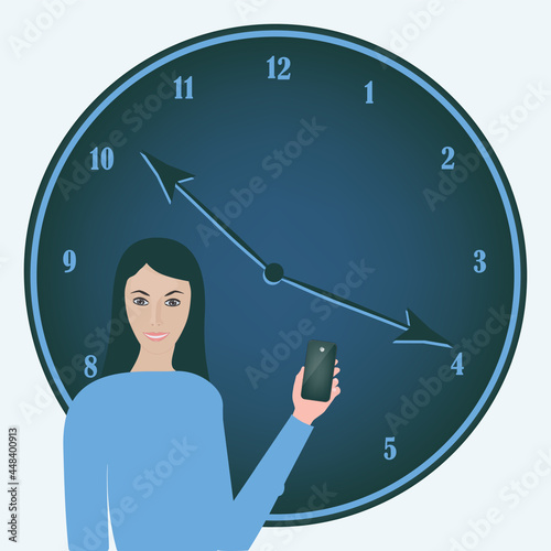 Woman with smartphone in hand on the background of wall clock - vector. At night, late in the evening. Internet addiction. Doom scroll.