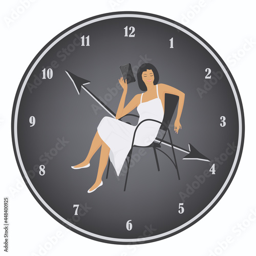 Woman speaks on a smartphone against the background of a wall clock - vector. At night, late in the evening. Internet addiction. Doom scroll.
