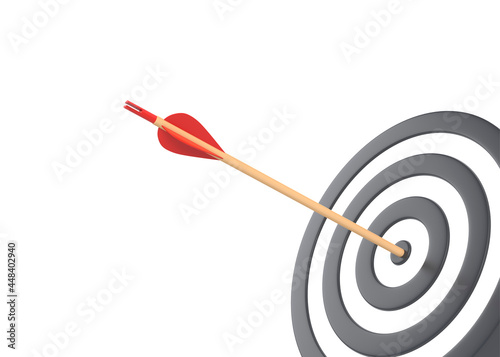 Arrow hit to center of dartboard isolated on white background. Archery target and bullseye. Business success, investment goal, aim strategy, achievement focus concept. 3d render illustration