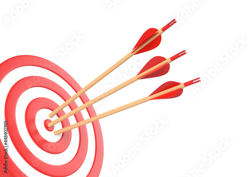 Archery target with three arrows isolated on white background. Dartboard and bullseye. Business success, investment goal, aim strategy, achievement focus concept. 3d render illustration