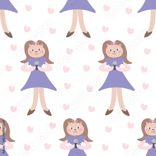seamless repeating pattern with cat girls and hearts