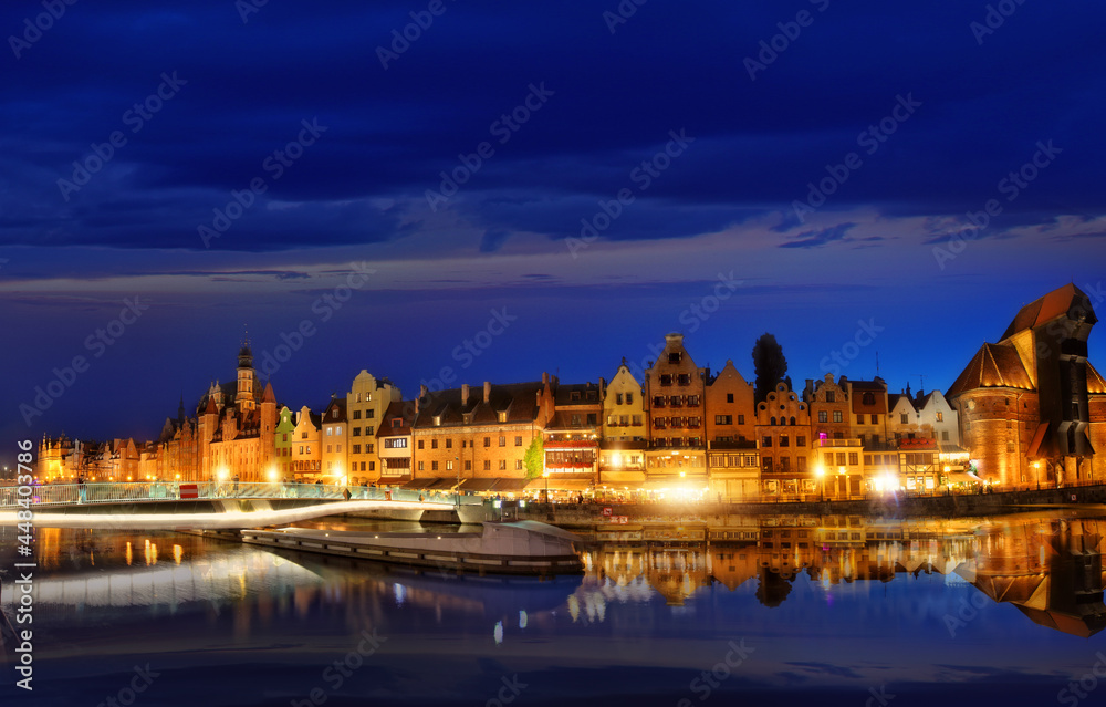 Night view of the touristic part of the old town in Gdansk in Poland