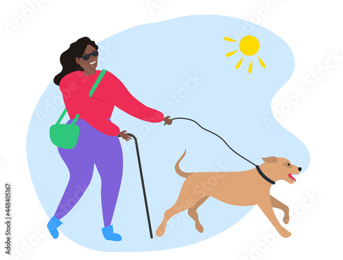 blind african american woman walking with stick and  dog  helper guide vector illustration