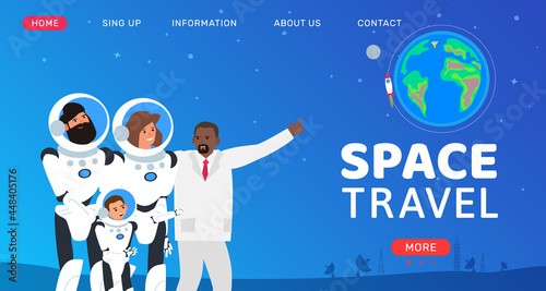 space travel flight rocket over the earth planet family astronauts and scientist vector illustration
