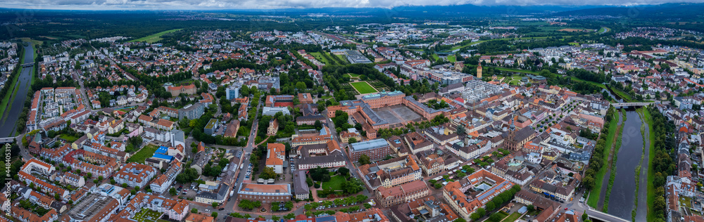 Aerial view of the old town of Rastatt in Germany. On a cloudy day in spring