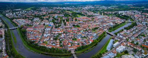 Aerial view of the old town of Rastatt in Germany. On a cloudy day in spring