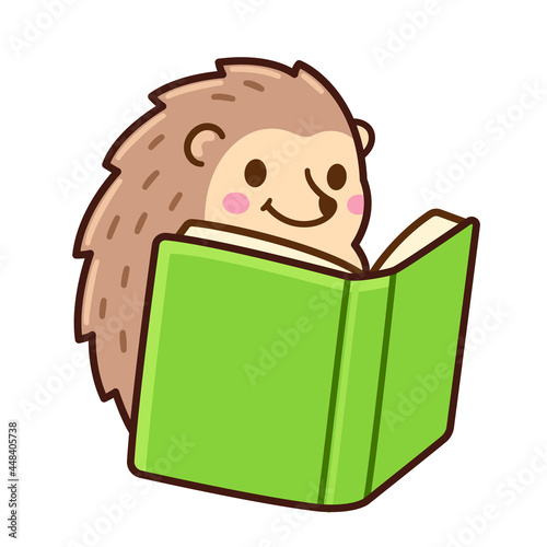 Cute cartoon hedgehog reading a book