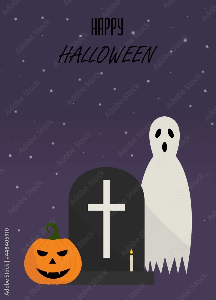 Fototapeta premium Halloween postcard with grave, ghost,pumpkin.