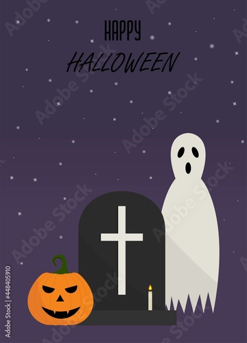 Halloween postcard with grave, ghost,pumpkin.