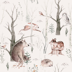 Fototapete Waldtiermuster Skandinavische Waldtiere im Aquarellstil  © kris_art