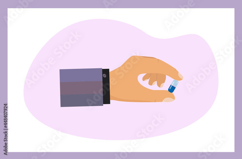 Doctor holds a pill in hand. First aid concept. Medical treatment or test, vaccine. A man's hand offers a capsule or medicine. Health problems or recovery with the help of a pharmacy. Vector