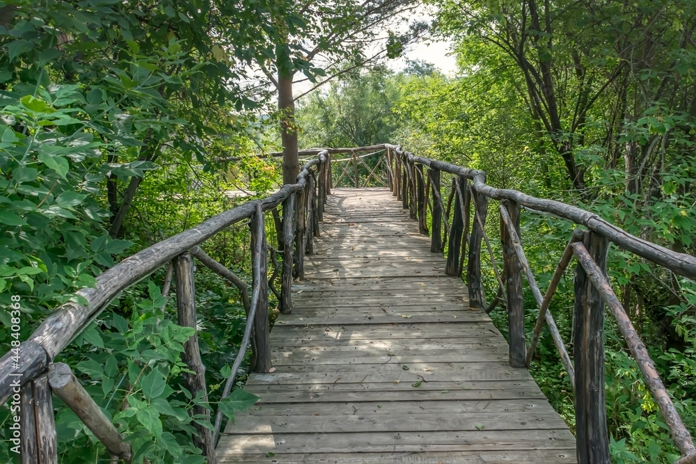 Wooden bridge with railings in a green corner of nature. Forest wooden bridge on a summer day. Trees with fresh foliage in the background. Russia, Ural Wooden bridge with railings in a green corner of nature. Forest wooden bridge on a summer day. Trees with fresh foliage in the background. Russia, Ural