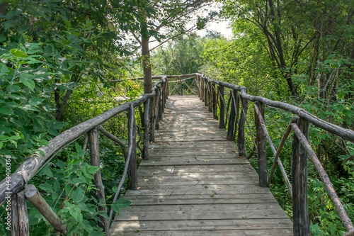 Wooden bridge with railings in a green corner of nature. Forest wooden bridge on a summer day. Trees with fresh foliage in the background. Russia, Ural 