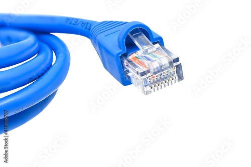 blue LAN cable on white background closeup photo