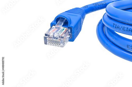 colorful blue LAN cable on white background closeup
