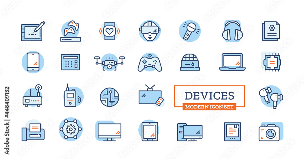 Vector devices icon set with modern sign of camera, monitor, laptop, phone