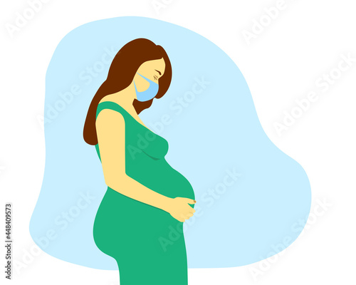 Beautiful pregnant woman in medical mask holding her belly. Pregnancy and motherhood banner. Minimalistic design, flat cartoon vector illustration.