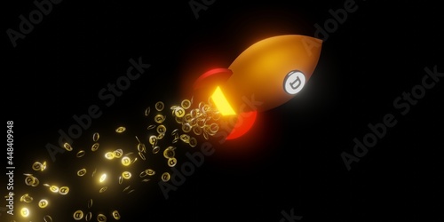 Dogecoin rocket flying to the moon. Crypto coin spaceship flying and bursting golden coins. Conceptual 3D rendering illustration. photo