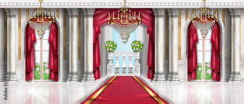 Photographie Vector palace interior background, royal castle room illustration, arch window, marble column, carpet