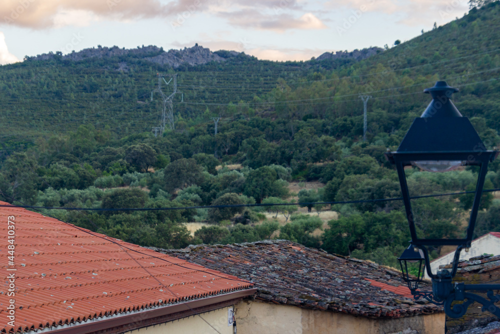 Mountainous landscape with trees in Cáceres, in Spain. Europe. Horizontal photography.