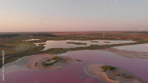 Aerial view of Pink lake (Syvash) at the sunset