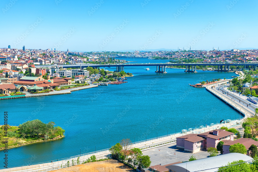 Istanbul city panorama with Halic Metro Bridge or Golden Gate Bridge