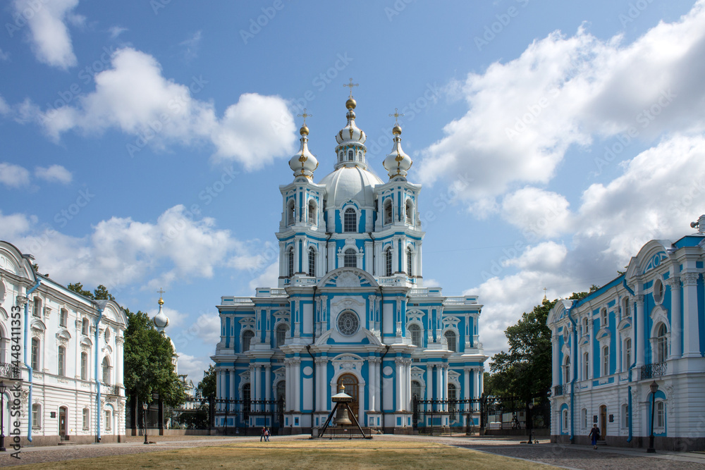 a view of the white and blue beautiful facade of the Smolny Cathedral on a clear sunny summer day and a space for copying in Saint-Petersburg a view of the white and blue beautiful facade of the Smolny Cathedral on a clear sunny summer day and a space for copying in Saint-Petersburg