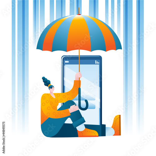 A girl with an umbrella protects her mobile phone from hacker attacks. The concept of a vector illustration on the topic of cybersecurity and cyber defense.